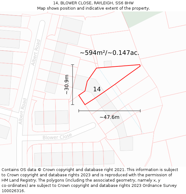 14, BLOWER CLOSE, RAYLEIGH, SS6 8HW: Plot and title map
