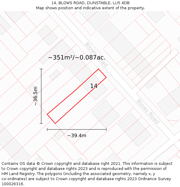 14, BLOWS ROAD, DUNSTABLE, LU5 4DB: Plot and title map