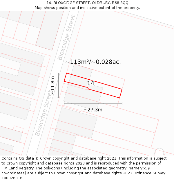 14, BLOXCIDGE STREET, OLDBURY, B68 8QQ: Plot and title map