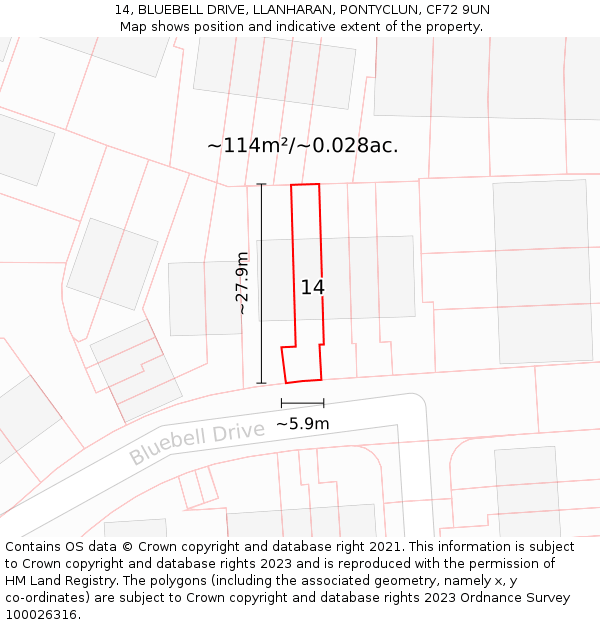 14, BLUEBELL DRIVE, LLANHARAN, PONTYCLUN, CF72 9UN: Plot and title map