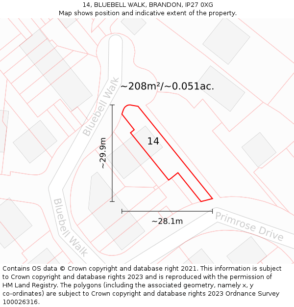 14, BLUEBELL WALK, BRANDON, IP27 0XG: Plot and title map