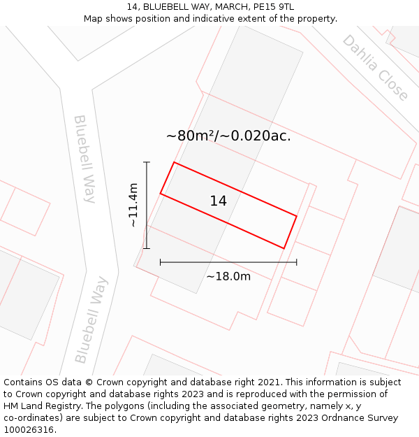 14, BLUEBELL WAY, MARCH, PE15 9TL: Plot and title map