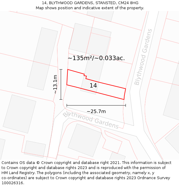 14, BLYTHWOOD GARDENS, STANSTED, CM24 8HG: Plot and title map