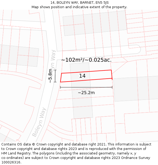 14, BOLEYN WAY, BARNET, EN5 5JS: Plot and title map