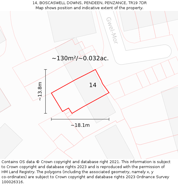 14, BOSCASWELL DOWNS, PENDEEN, PENZANCE, TR19 7DR: Plot and title map