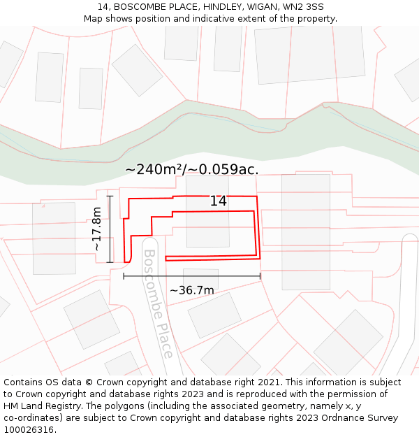 14, BOSCOMBE PLACE, HINDLEY, WIGAN, WN2 3SS: Plot and title map
