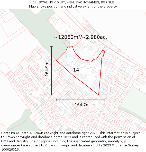 14, BOWLING COURT, HENLEY-ON-THAMES, RG9 2LE: Plot and title map