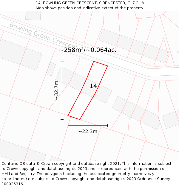 14, BOWLING GREEN CRESCENT, CIRENCESTER, GL7 2HA: Plot and title map