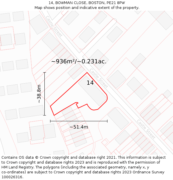 14, BOWMAN CLOSE, BOSTON, PE21 8PW: Plot and title map