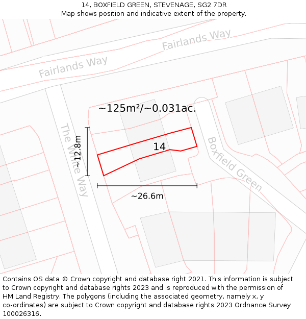 14, BOXFIELD GREEN, STEVENAGE, SG2 7DR: Plot and title map