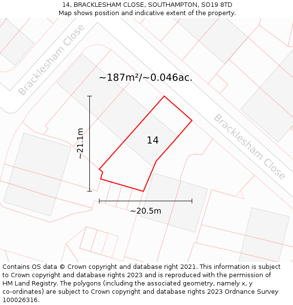 14, BRACKLESHAM CLOSE, SOUTHAMPTON, SO19 8TD: Plot and title map