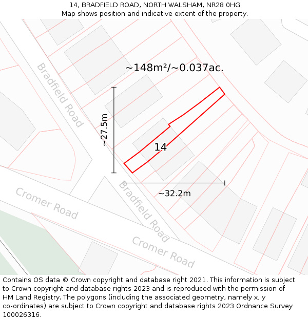 14, BRADFIELD ROAD, NORTH WALSHAM, NR28 0HG: Plot and title map