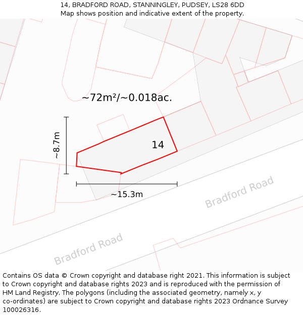 14, BRADFORD ROAD, STANNINGLEY, PUDSEY, LS28 6DD: Plot and title map