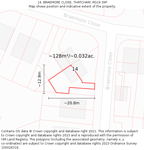 14, BRAEMORE CLOSE, THATCHAM, RG19 3XP: Plot and title map