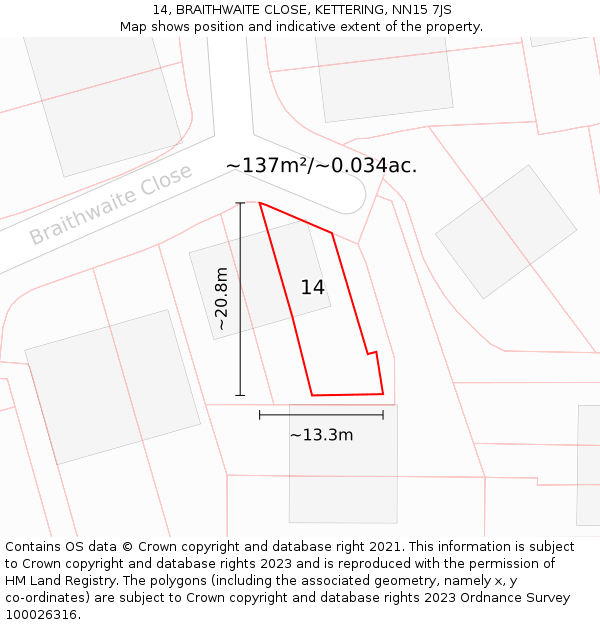 14, BRAITHWAITE CLOSE, KETTERING, NN15 7JS: Plot and title map