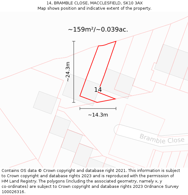 14, BRAMBLE CLOSE, MACCLESFIELD, SK10 3AX: Plot and title map