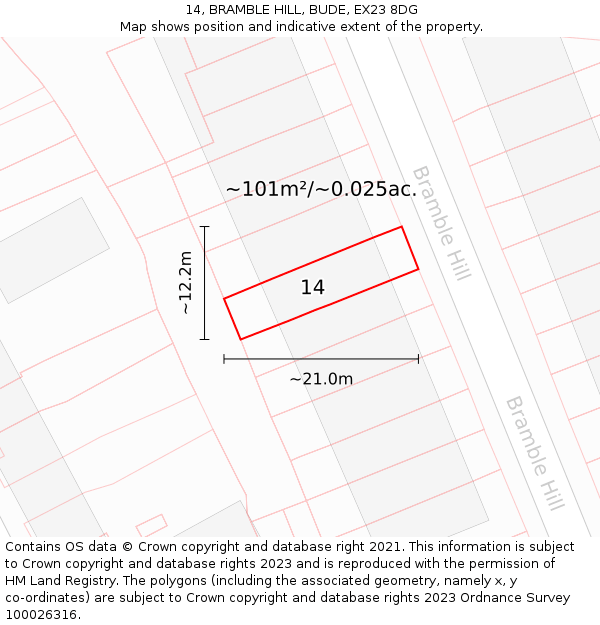 14, BRAMBLE HILL, BUDE, EX23 8DG: Plot and title map
