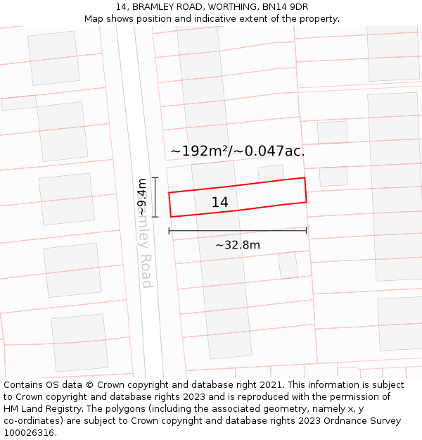 14, BRAMLEY ROAD, WORTHING, BN14 9DR: Plot and title map