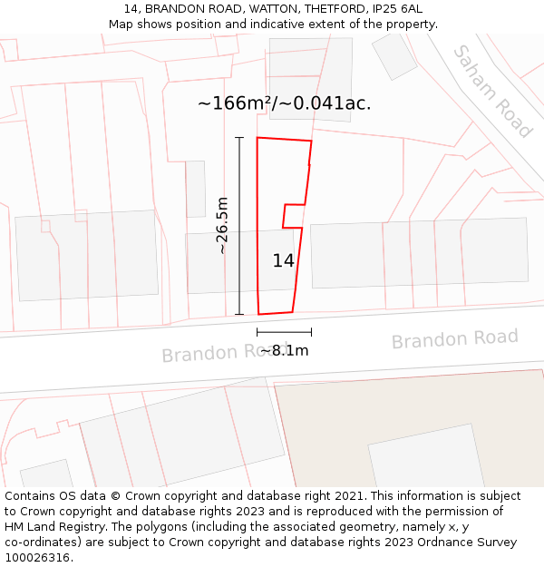 14, BRANDON ROAD, WATTON, THETFORD, IP25 6AL: Plot and title map