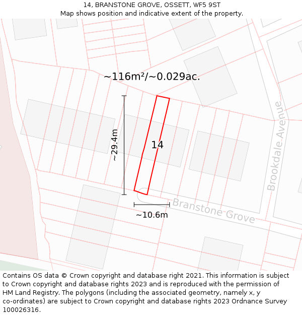14, BRANSTONE GROVE, OSSETT, WF5 9ST: Plot and title map