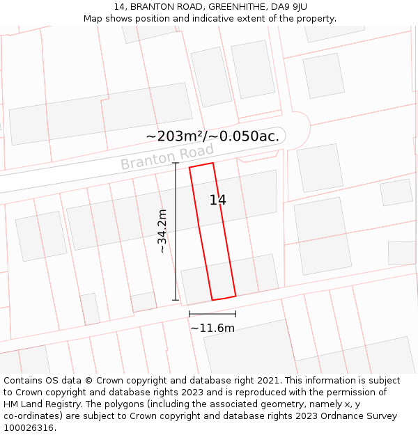 14, BRANTON ROAD, GREENHITHE, DA9 9JU: Plot and title map