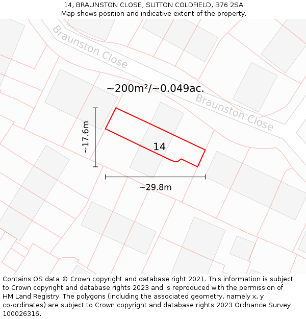 14, BRAUNSTON CLOSE, SUTTON COLDFIELD, B76 2SA: Plot and title map