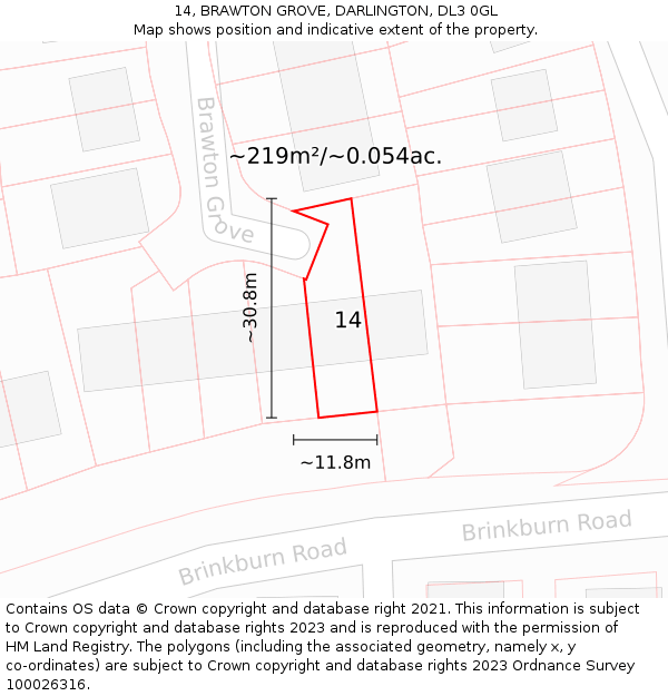 14, BRAWTON GROVE, DARLINGTON, DL3 0GL: Plot and title map