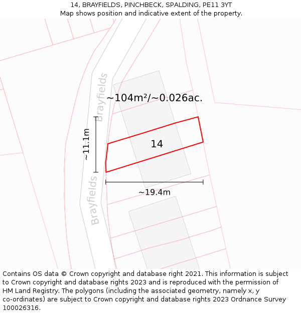 14, BRAYFIELDS, PINCHBECK, SPALDING, PE11 3YT: Plot and title map