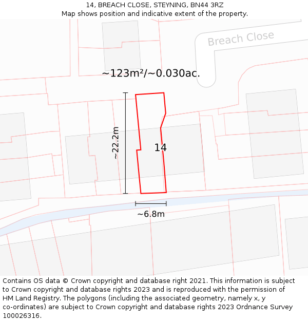 14, BREACH CLOSE, STEYNING, BN44 3RZ: Plot and title map