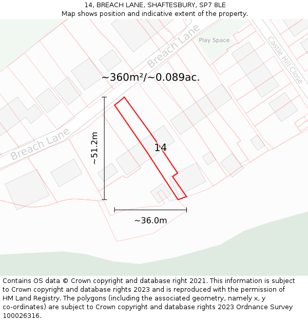 14, BREACH LANE, SHAFTESBURY, SP7 8LE: Plot and title map