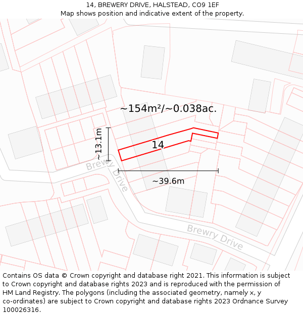 14, BREWERY DRIVE, HALSTEAD, CO9 1EF: Plot and title map