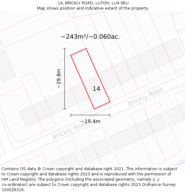 14, BRICKLY ROAD, LUTON, LU4 9EU: Plot and title map