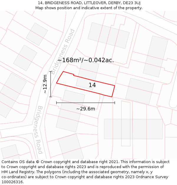 14, BRIDGENESS ROAD, LITTLEOVER, DERBY, DE23 3UJ: Plot and title map