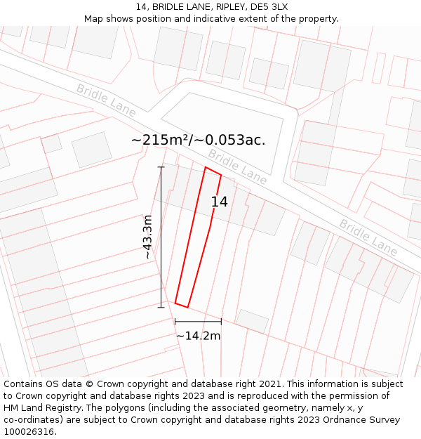 14, BRIDLE LANE, RIPLEY, DE5 3LX: Plot and title map
