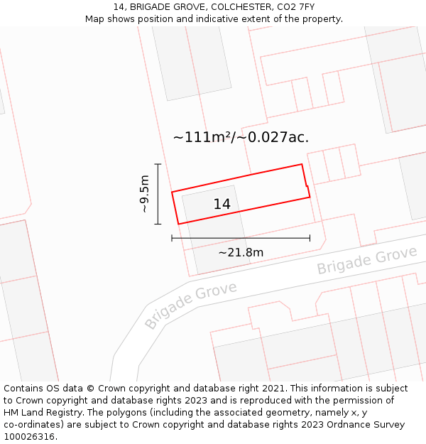14, BRIGADE GROVE, COLCHESTER, CO2 7FY: Plot and title map