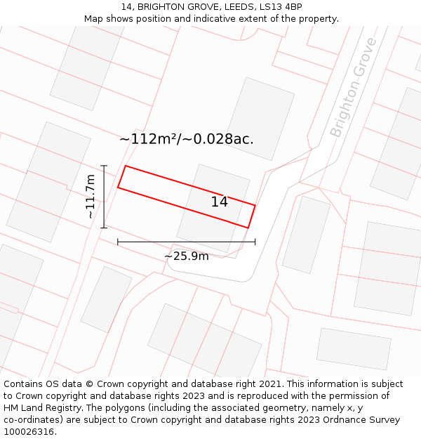 14, BRIGHTON GROVE, LEEDS, LS13 4BP: Plot and title map
