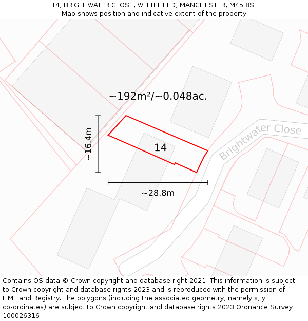 14, BRIGHTWATER CLOSE, WHITEFIELD, MANCHESTER, M45 8SE: Plot and title map