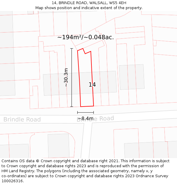 14, BRINDLE ROAD, WALSALL, WS5 4EH: Plot and title map