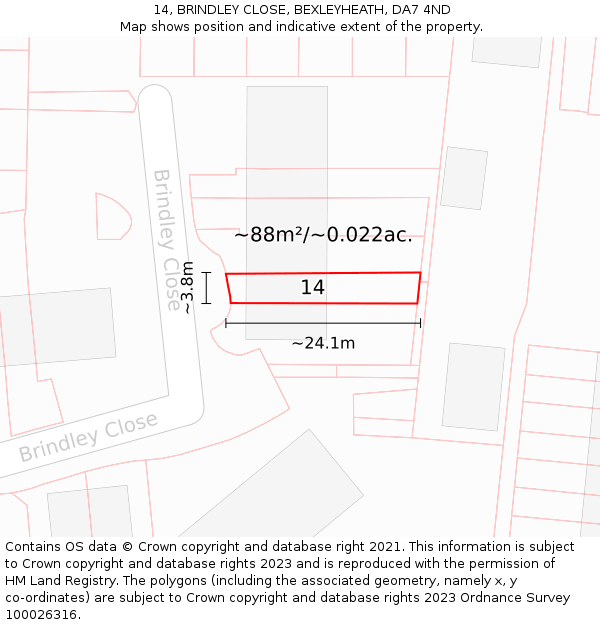 14, BRINDLEY CLOSE, BEXLEYHEATH, DA7 4ND: Plot and title map