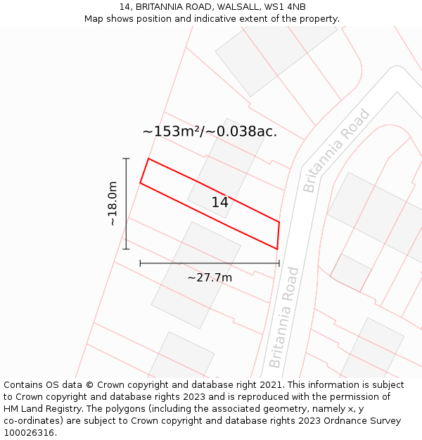 14, BRITANNIA ROAD, WALSALL, WS1 4NB: Plot and title map