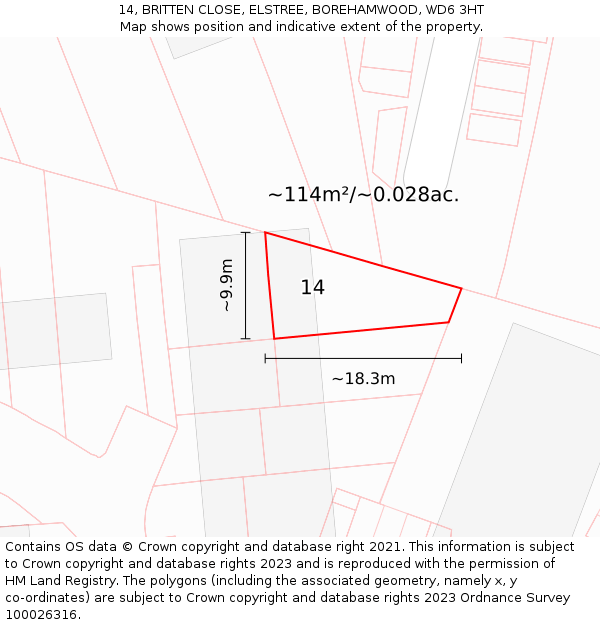 14, BRITTEN CLOSE, ELSTREE, BOREHAMWOOD, WD6 3HT: Plot and title map