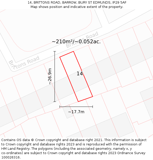 14, BRITTONS ROAD, BARROW, BURY ST EDMUNDS, IP29 5AF: Plot and title map