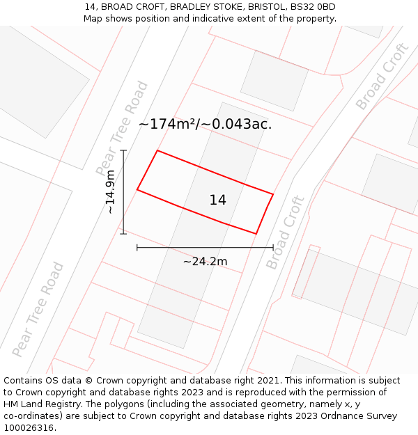 14, BROAD CROFT, BRADLEY STOKE, BRISTOL, BS32 0BD: Plot and title map