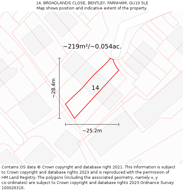14, BROADLANDS CLOSE, BENTLEY, FARNHAM, GU10 5LE: Plot and title map