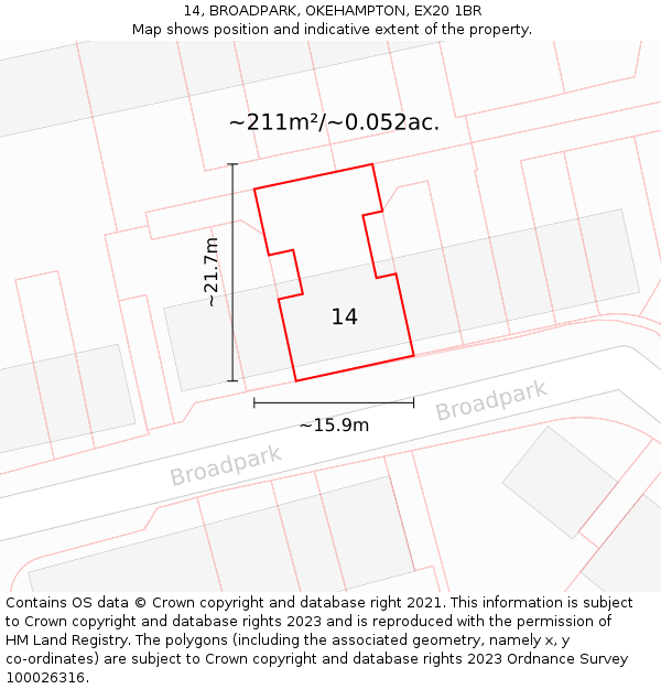 14, BROADPARK, OKEHAMPTON, EX20 1BR: Plot and title map