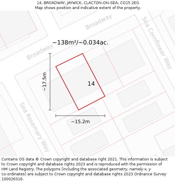 14, BROADWAY, JAYWICK, CLACTON-ON-SEA, CO15 2EG: Plot and title map