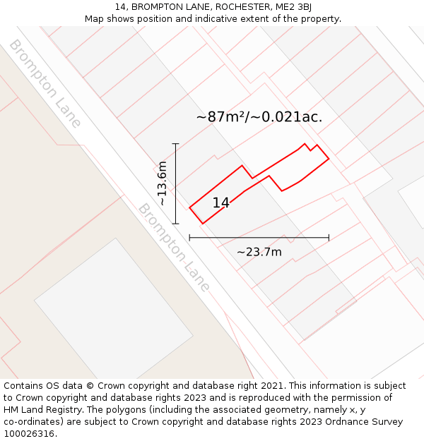 14, BROMPTON LANE, ROCHESTER, ME2 3BJ: Plot and title map