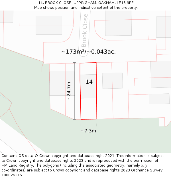 14, BROOK CLOSE, UPPINGHAM, OAKHAM, LE15 9PE: Plot and title map