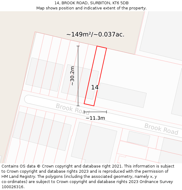 14, BROOK ROAD, SURBITON, KT6 5DB: Plot and title map