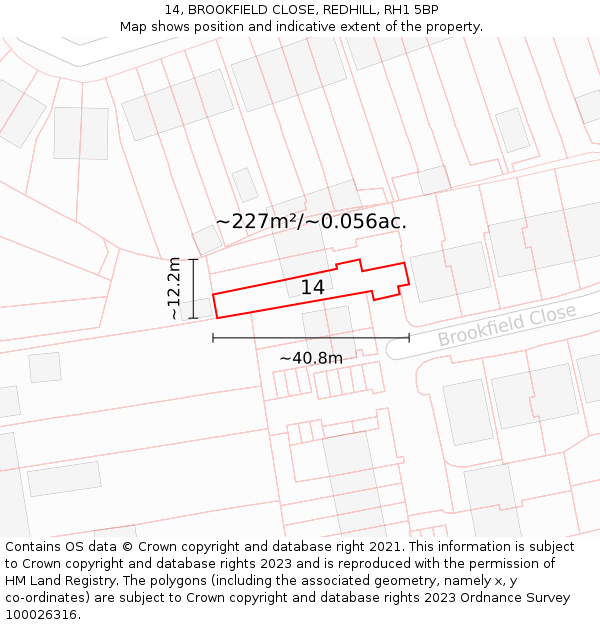 14, BROOKFIELD CLOSE, REDHILL, RH1 5BP: Plot and title map